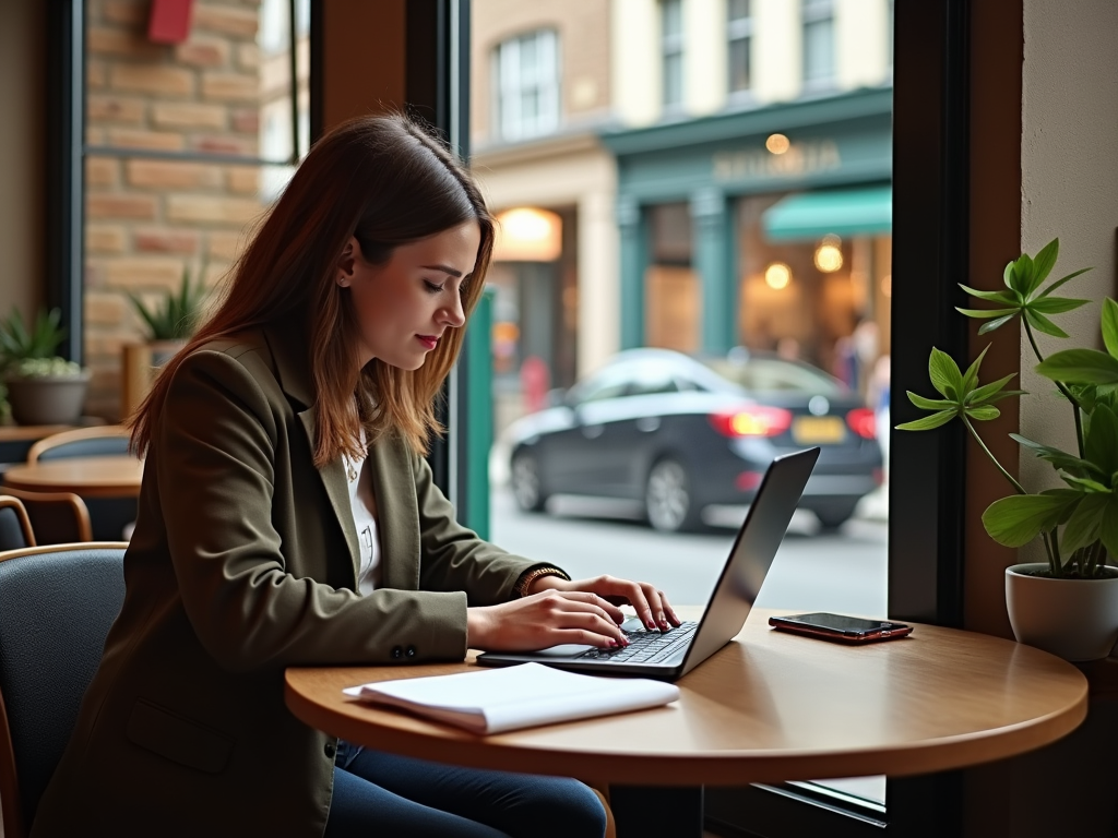 Woman working on laptop in cozy cafe with city street view.