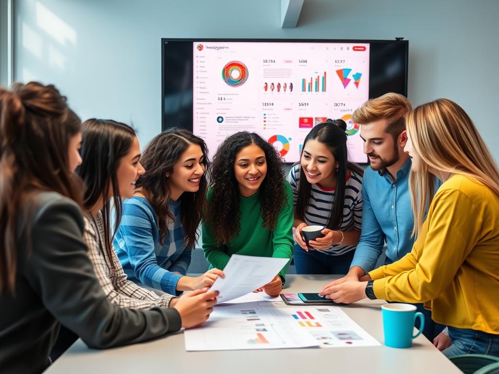 A diverse group of young professionals collaborates over documents and a digital display in a bright office setting.