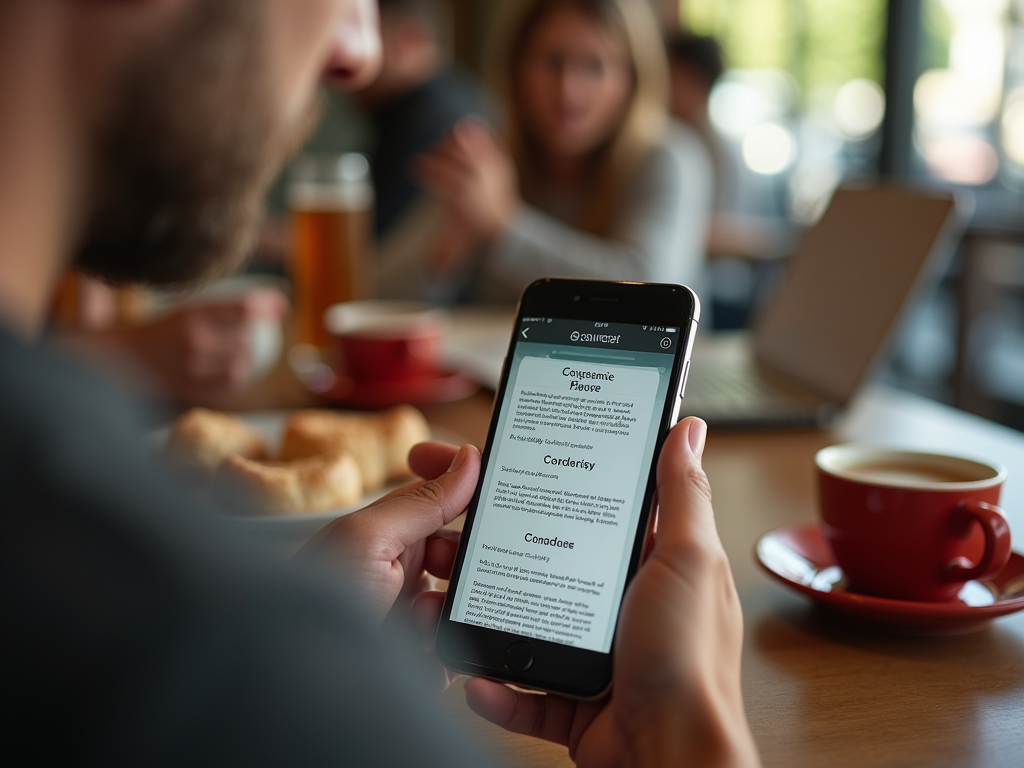 Man reading an article on a smartphone in a cafe, with a coffee cup and laptop in the background.