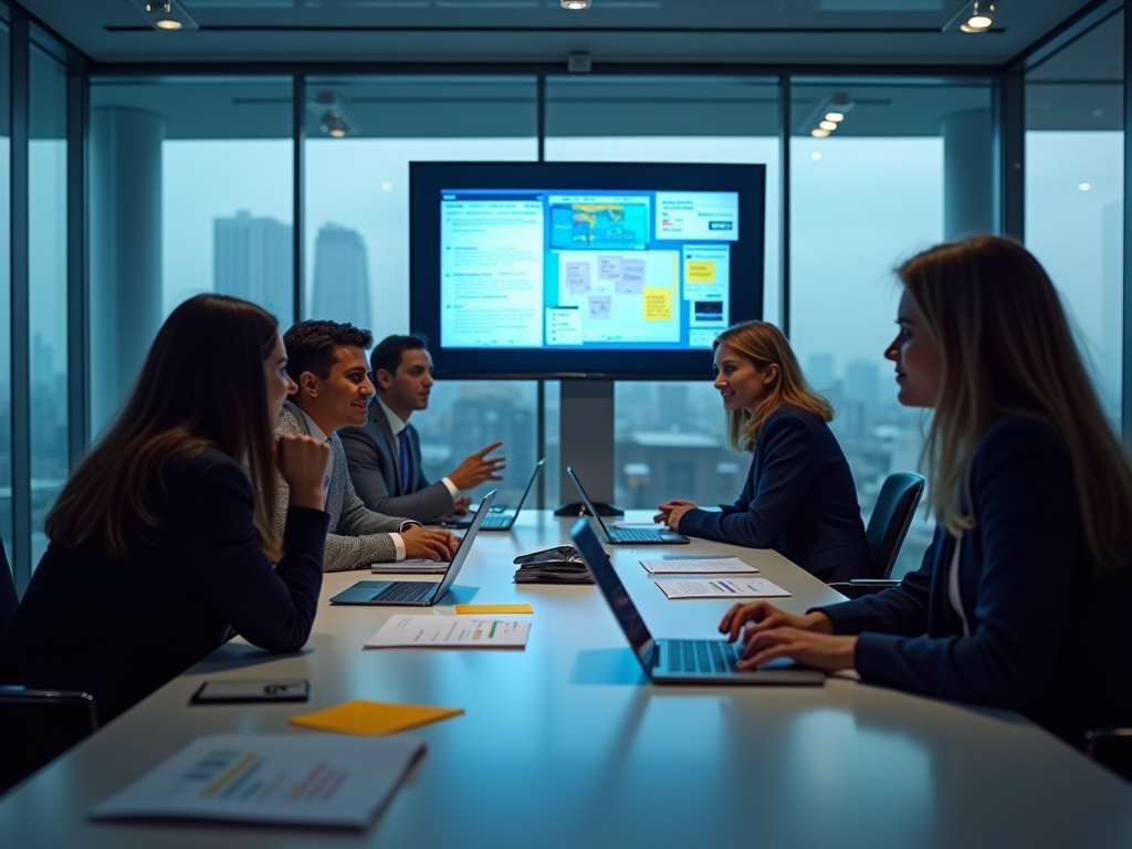 Professionals in a meeting room discussing data displayed on a large monitor, city skyline in background.