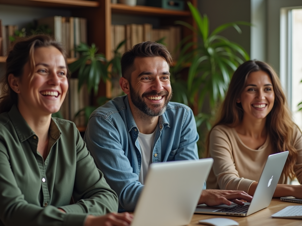 Three smiling people are sitting together at a table, working on laptops in a bright, relaxed setting.