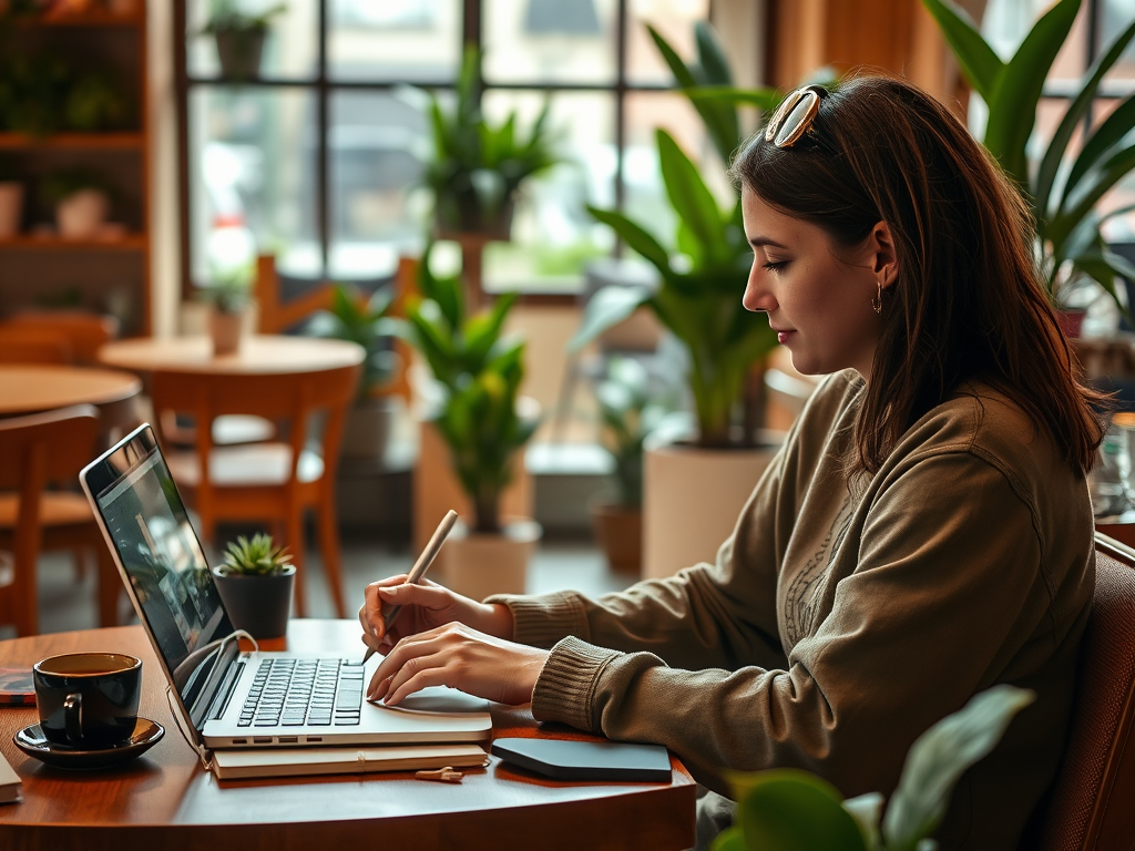 A woman works intently on a laptop in a cozy café surrounded by greenery, sipping coffee beside her.