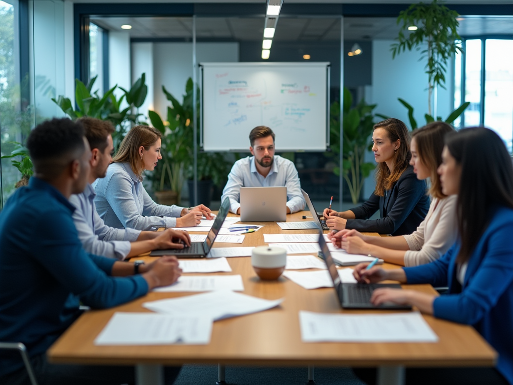 Diverse team of professionals engaged in a business meeting around a table with laptops and documents.