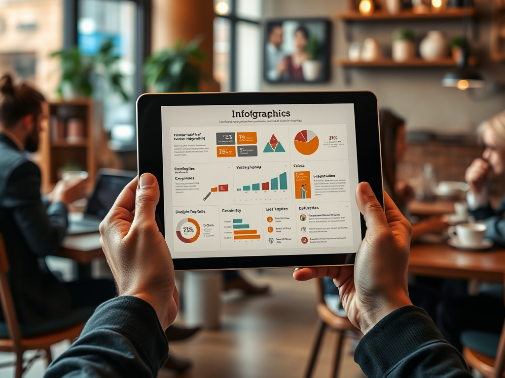 A person holds a tablet displaying colorful infographics with various graphs and data points in a cafe setting.