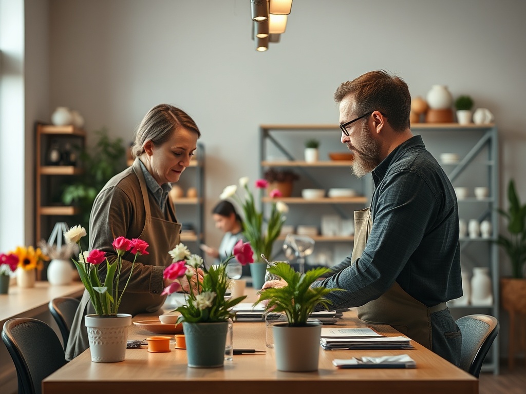 Two people are arranging flowers in a bright, modern shop, surrounded by plants and decorative items.