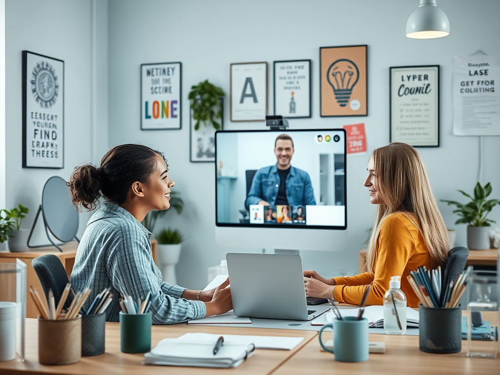 Two women are video chatting in an office, smiling at the screen while working on laptops and discussing ideas.