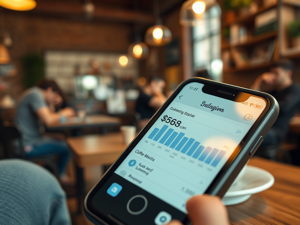 A person holding a smartphone displaying a financial app with a balance of $568 in a cozy café setting.