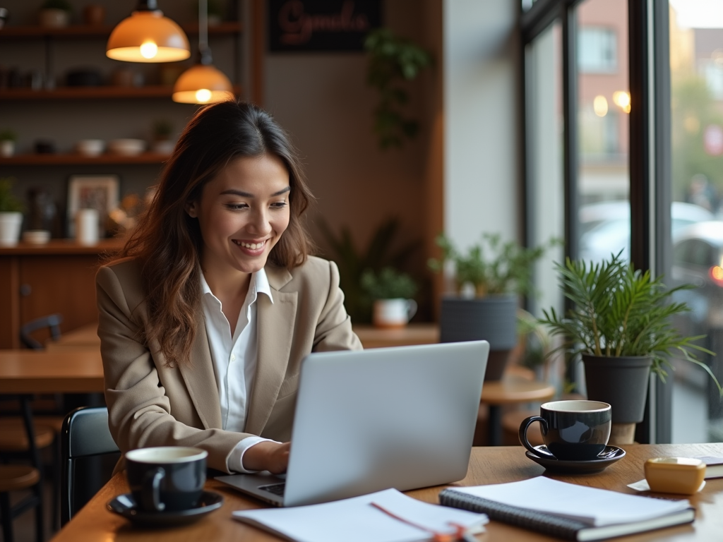 A smiling woman in a blazer works on a laptop in a cozy cafe with plants and coffee nearby.