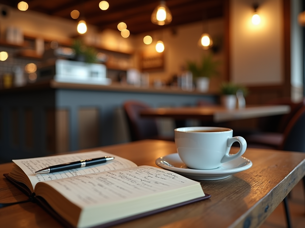 A cup of coffee next to an open notebook with a pen on a wooden table in a cozy café.