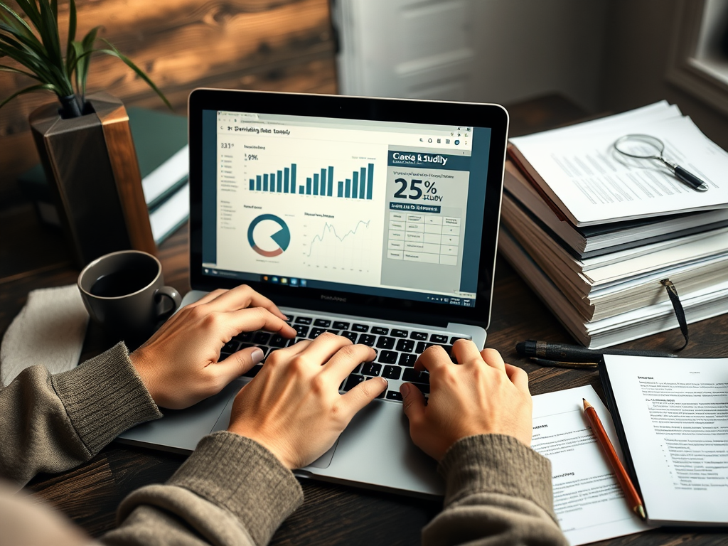 A person is typing on a laptop displaying data charts, with a coffee cup and stacked papers nearby.