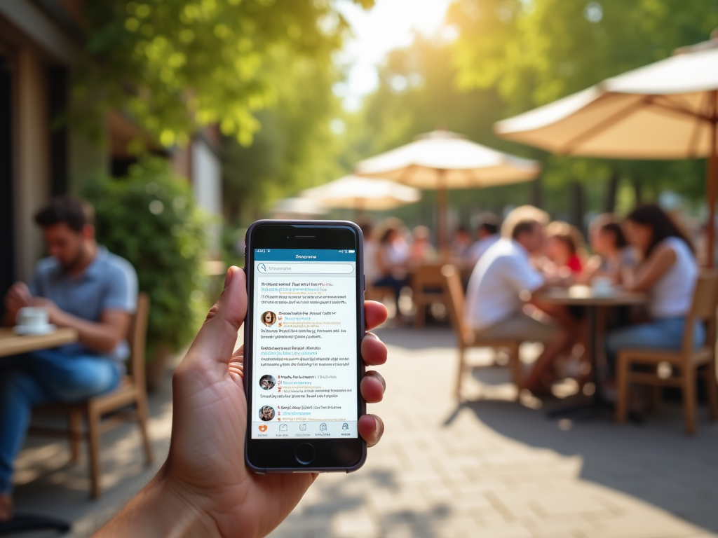 A hand holding a smartphone displaying social media feeds, with blurred people in a sunny outdoor café in the background.