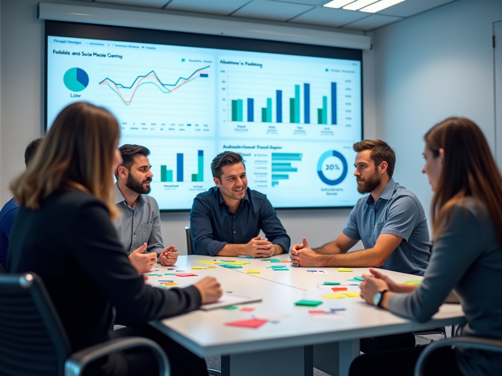 A group meeting in a conference room, discussing data displayed on digital screens, with notes on the table.