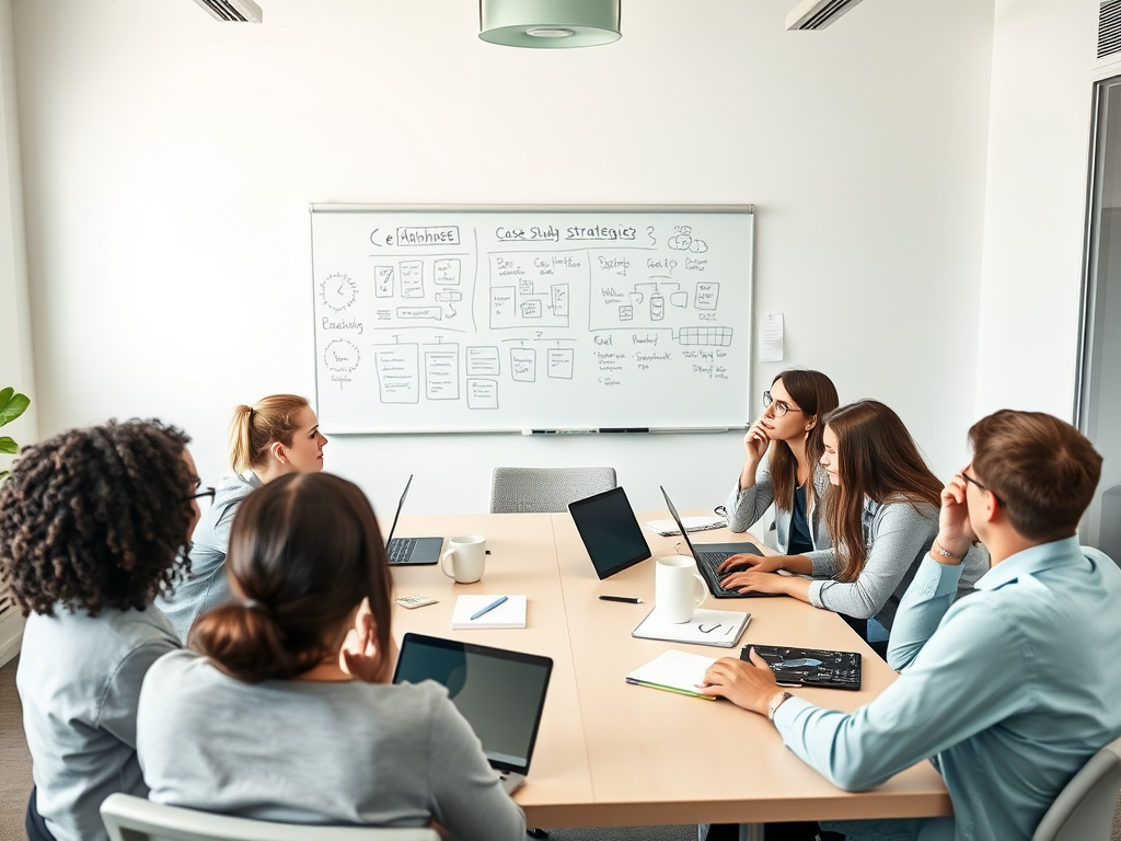 A group of six professionals in a conference room discussing strategies, with a whiteboard filled with notes.