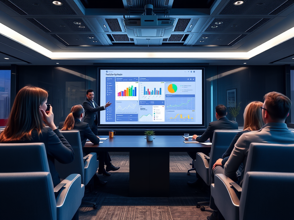 A business meeting in a modern conference room, with a presenter discussing data on a screen.