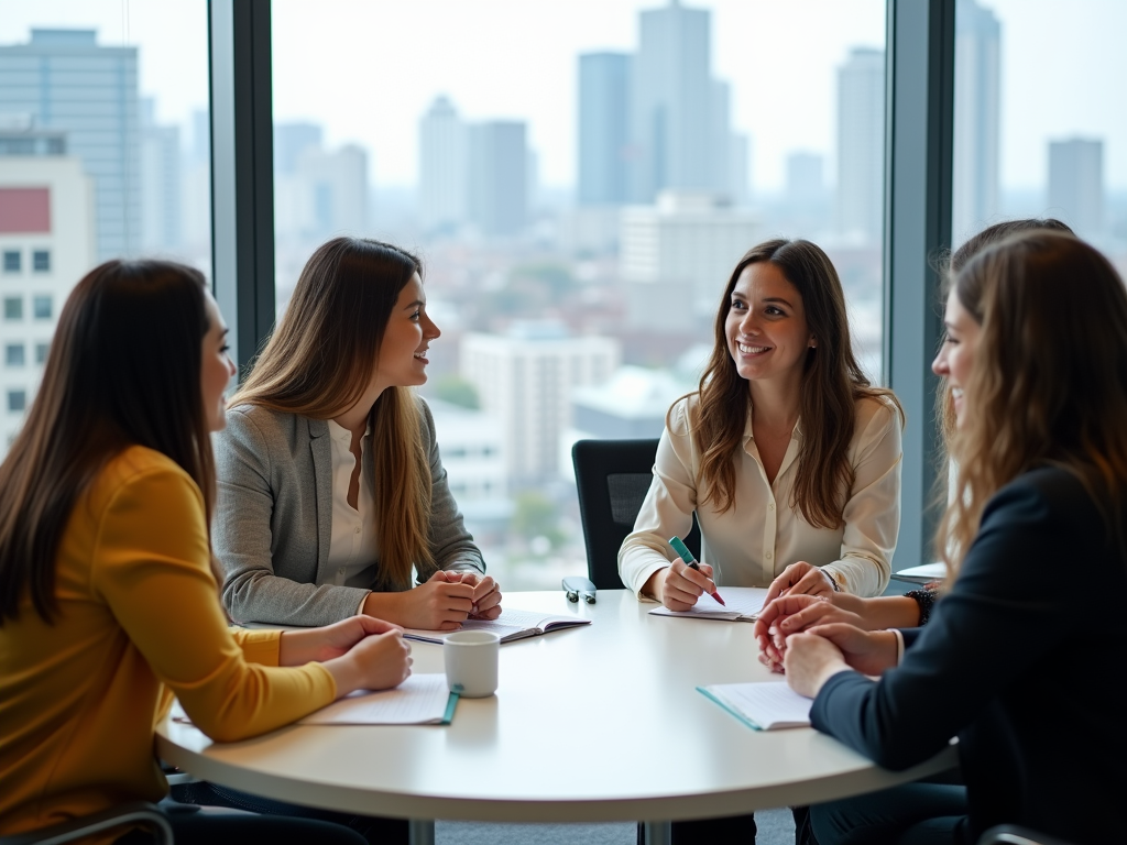 A business meeting with four women engaged in discussion around a conference table, with a city view behind them.