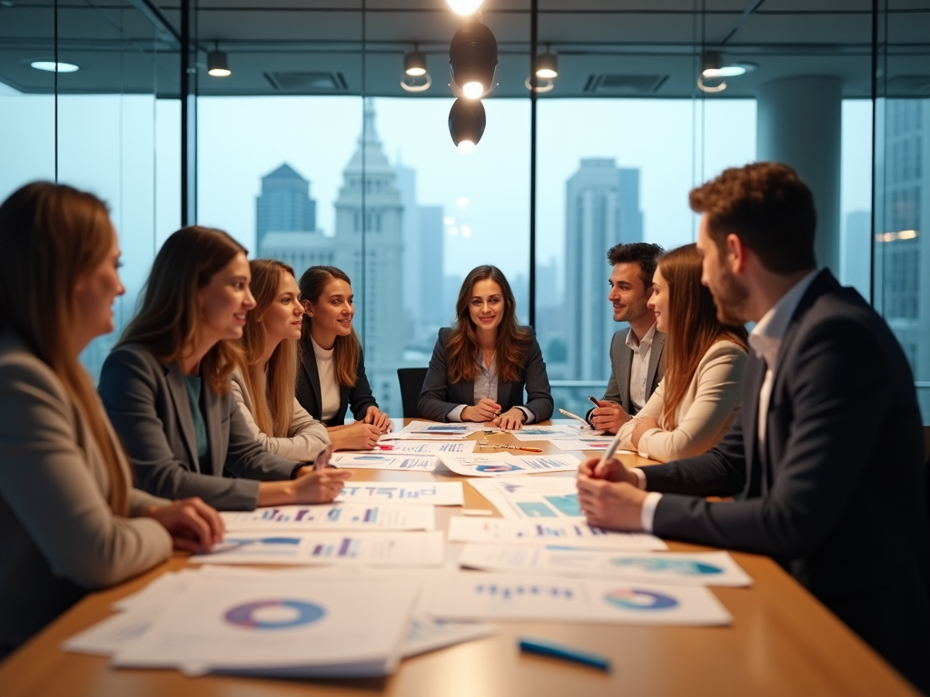 Group of business professionals in a meeting with documents, discussing in office with city skyline background.