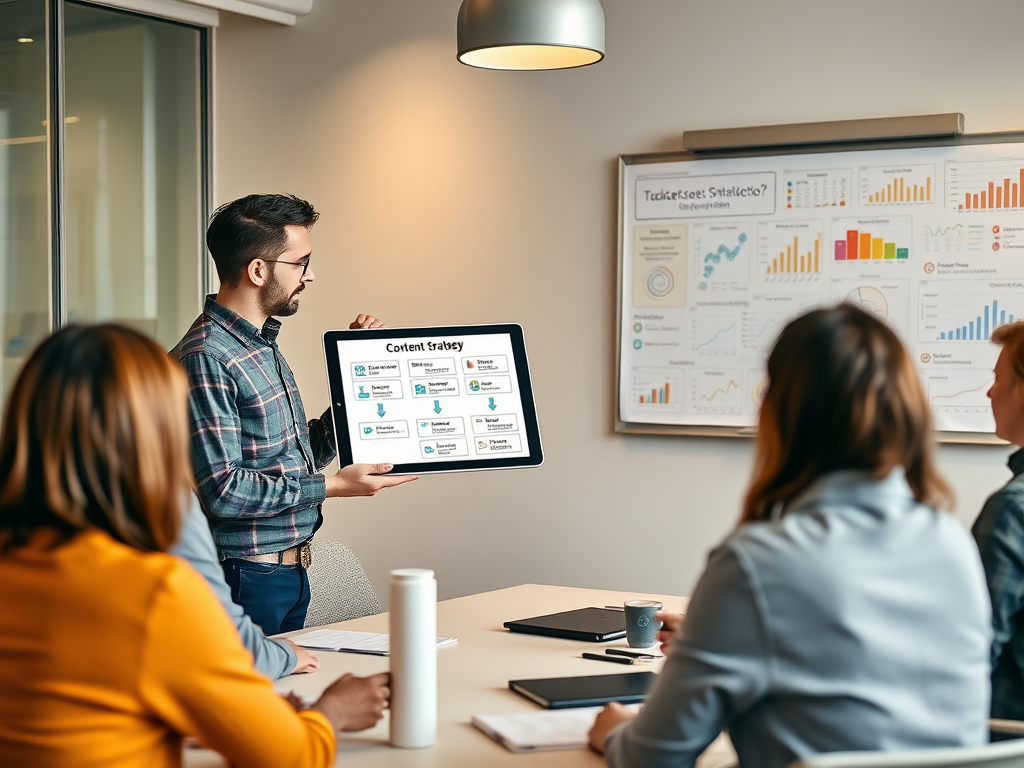 A man presents a content strategy on a tablet to an engaged meeting audience in a modern office setting.