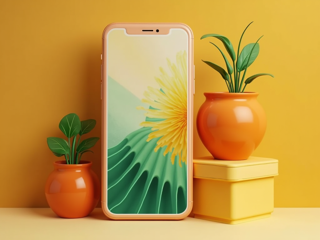 A smartphone with a colorful design sits next to two orange pots containing small green plants on a yellow background.