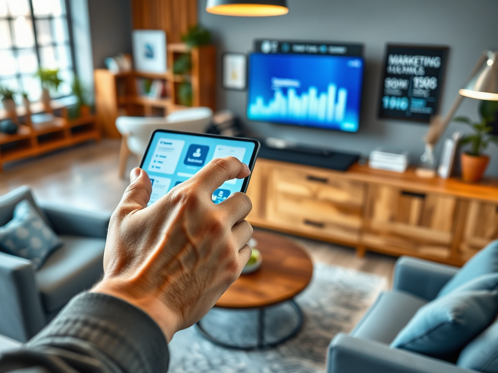 A person holds a smartphone, controlling a smart TV in a modern, cozy living room with wooden furniture.