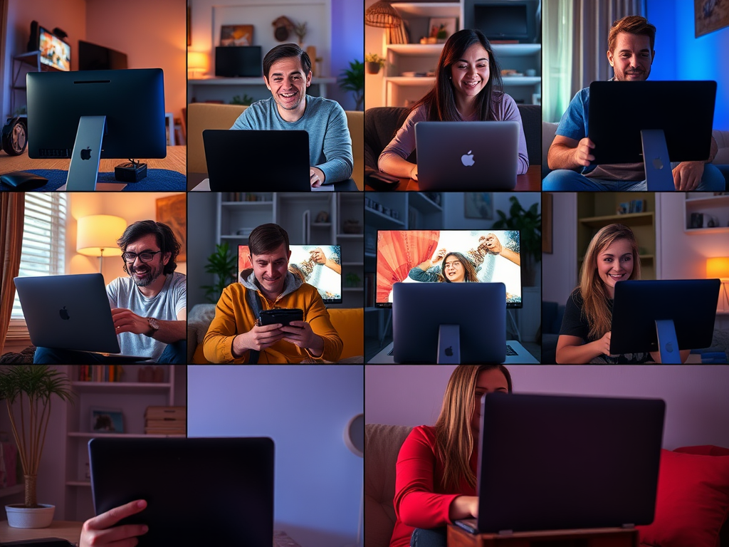 A collage of people using various Apple devices, smiling and engaged in different activities at home.