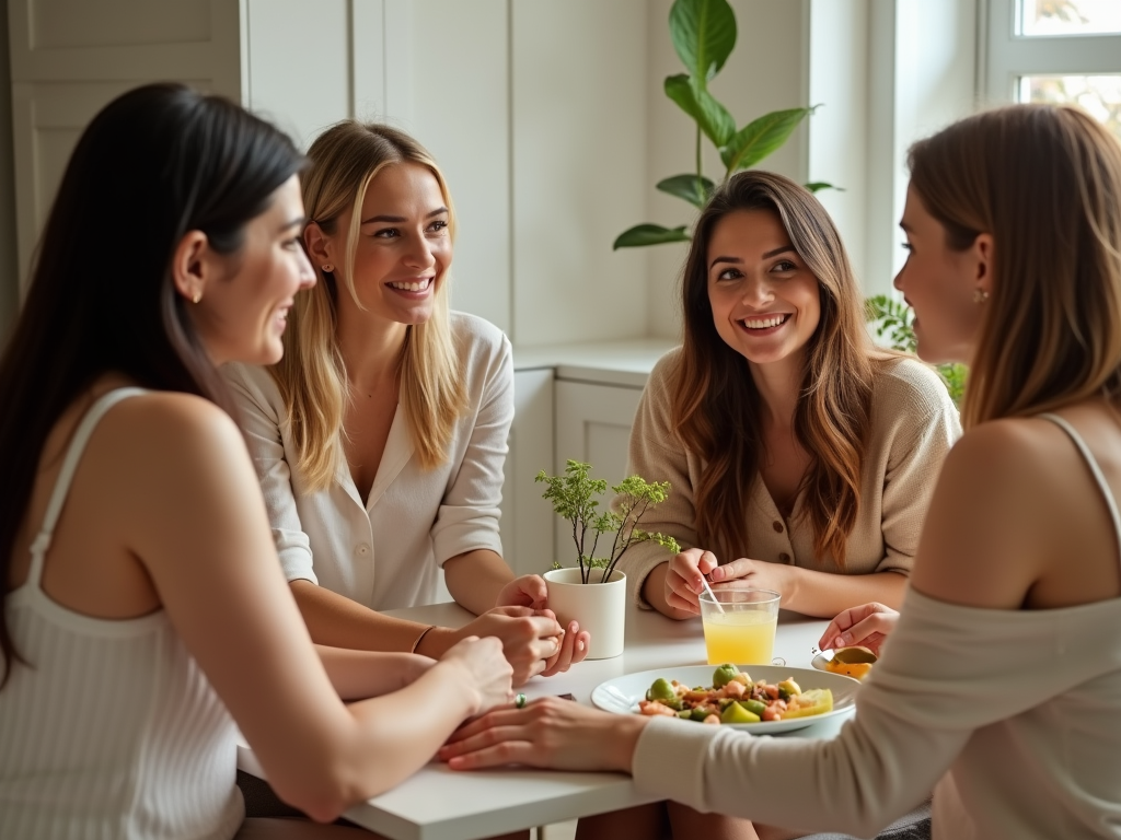 Four women are happily chatting around a table with food and drinks, enjoying each other's company in a bright room.