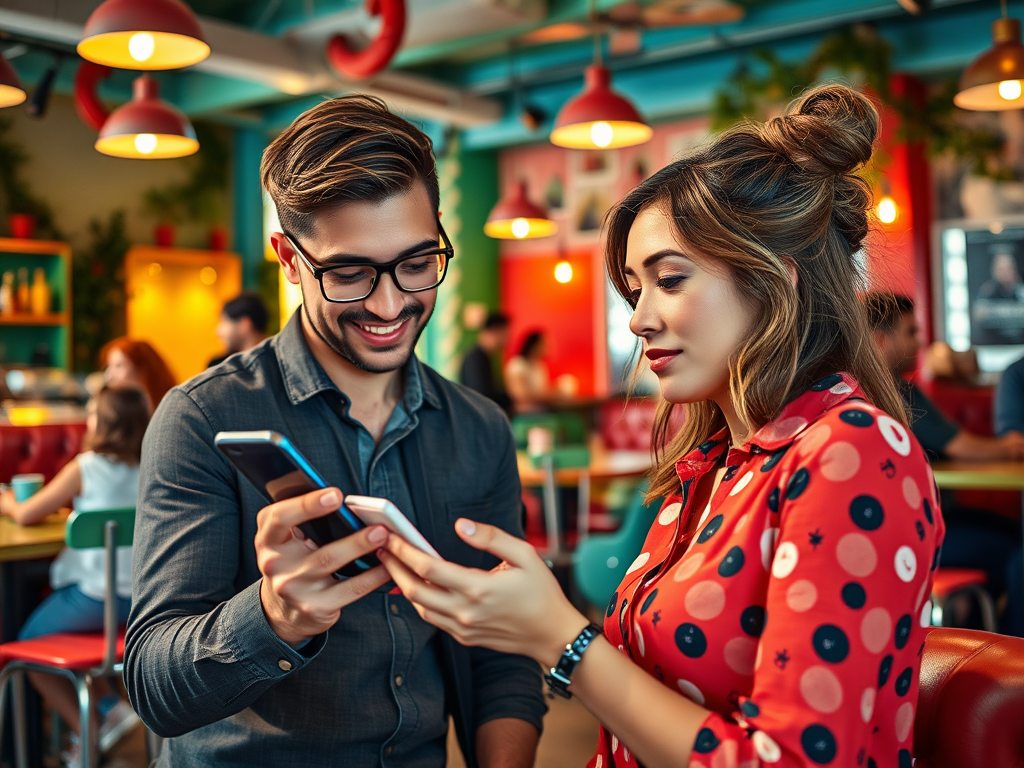 A man and woman are sharing a moment, looking at their smartphones while smiling in a colorful café.