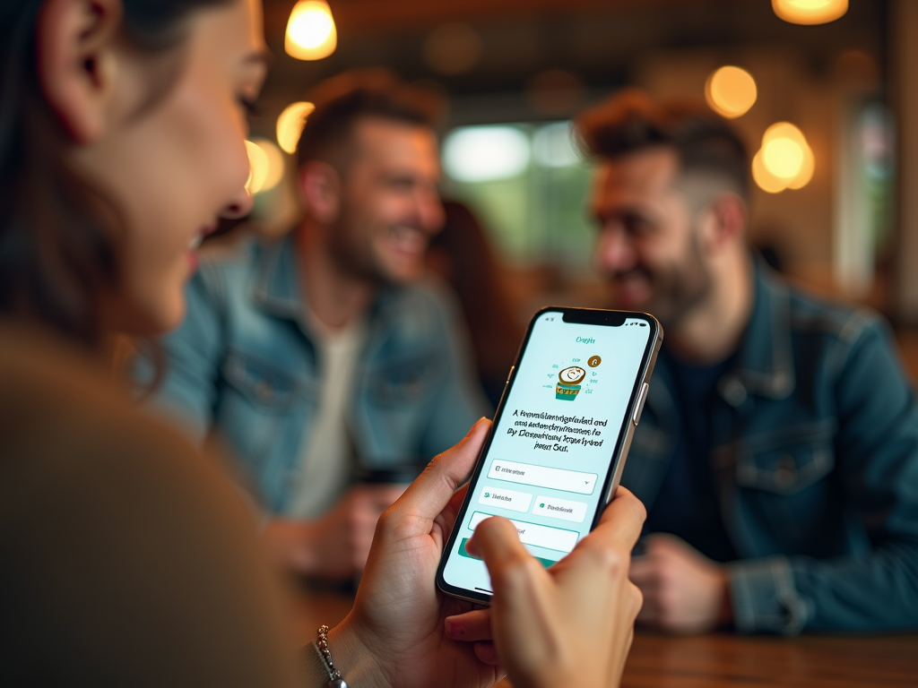 Woman shows smartphone screen to man in café, both smiling, screen displays text and emojis.