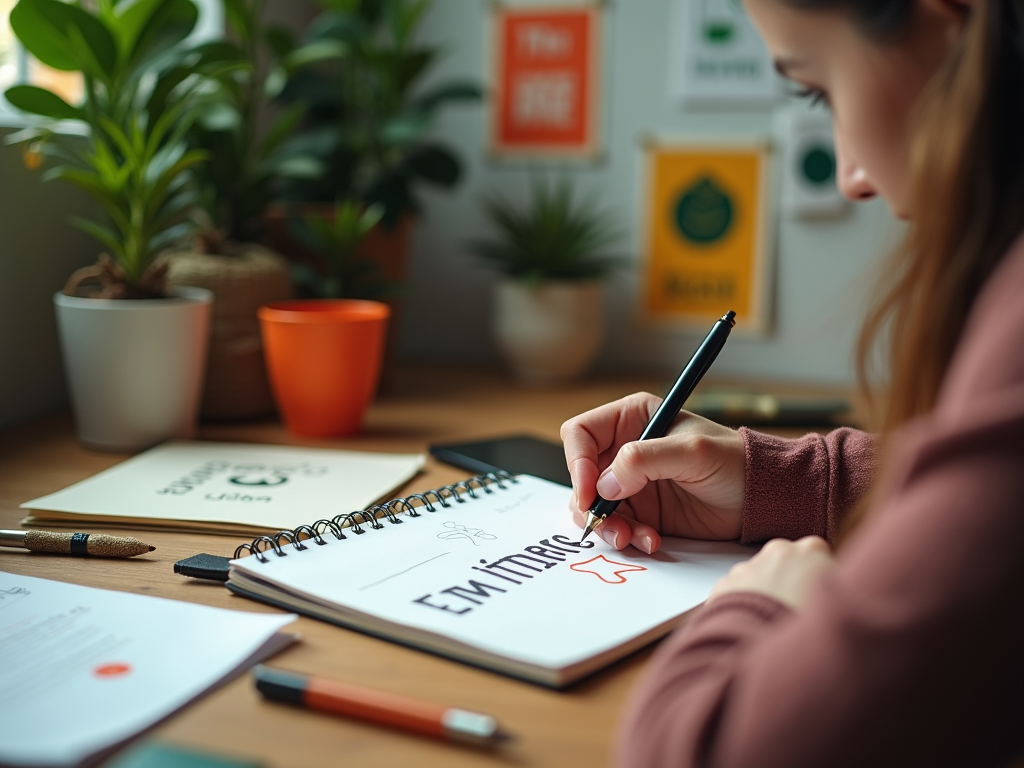 Woman sketching a rocket on a notepad in a creatively decorated workspace.