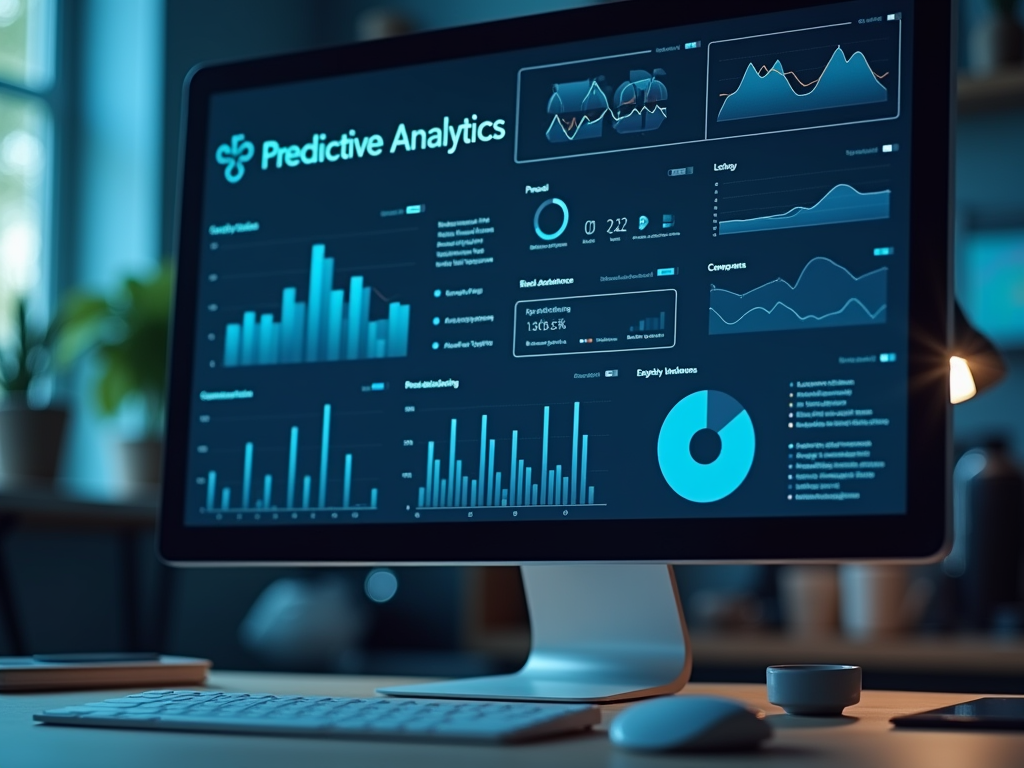 Computer screen displaying predictive analytics graphs and data charts in a modern office setup.