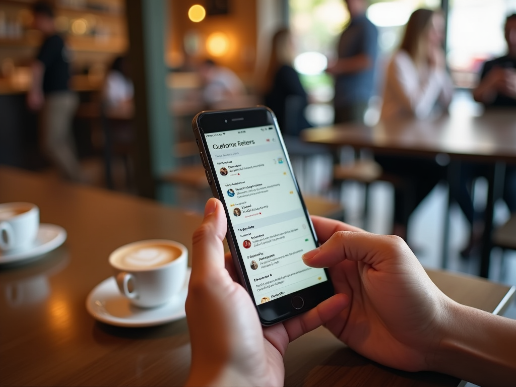 Person holding smartphone with customer reviews on screen, coffee cup on table in café.