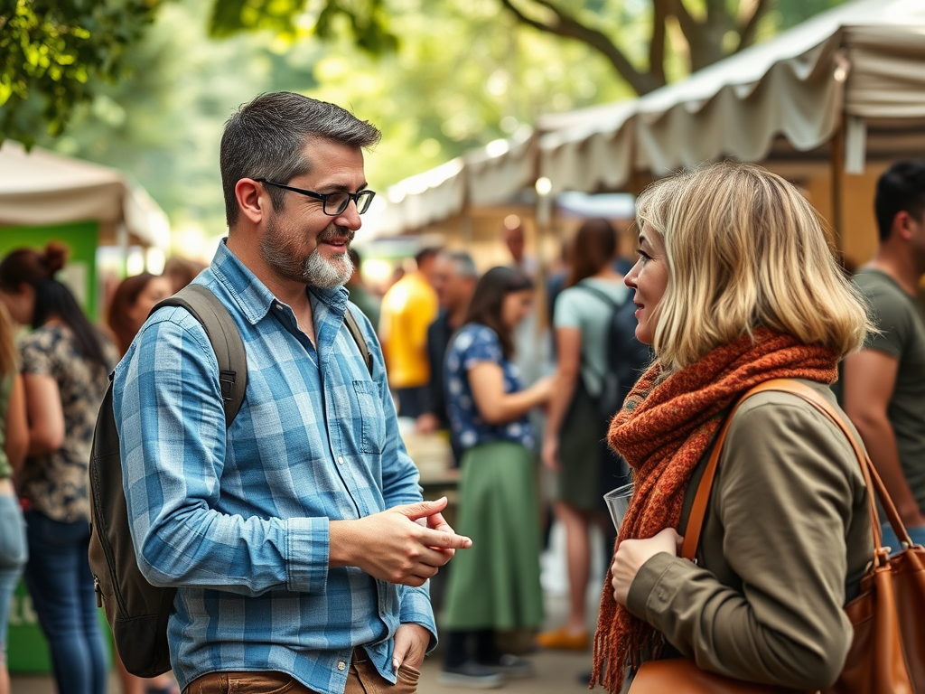 A man in a plaid shirt talks to a woman with a scarf at a busy outdoor market. People are browsing in the background.