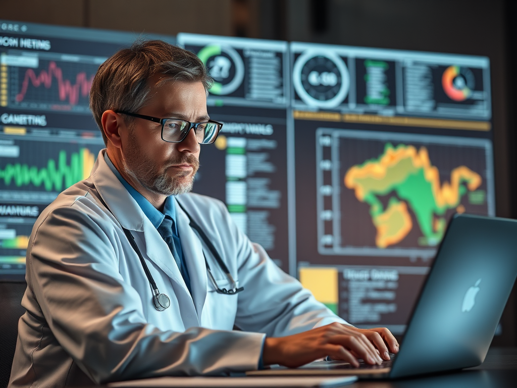 A focused doctor in a lab coat analyzes data on a laptop, with colorful graphs displayed on screens behind him.