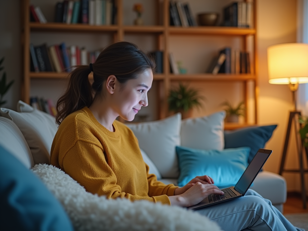 Woman in yellow sweater using laptop on a sofa in cozy room with bookshelves.