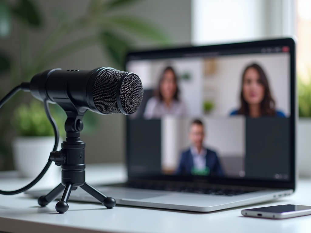 A black microphone is in focus on a desk, with a laptop screen showing a video call with three participants.