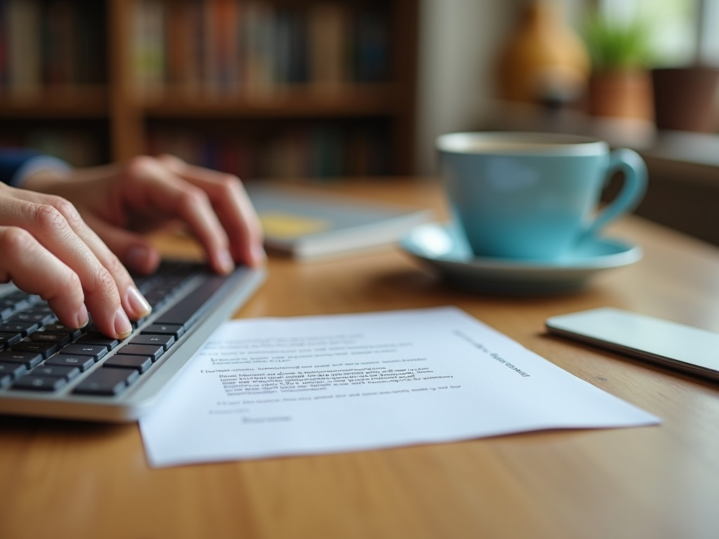 A person types on a keyboard beside a cup of coffee and a printed document on a wooden table.