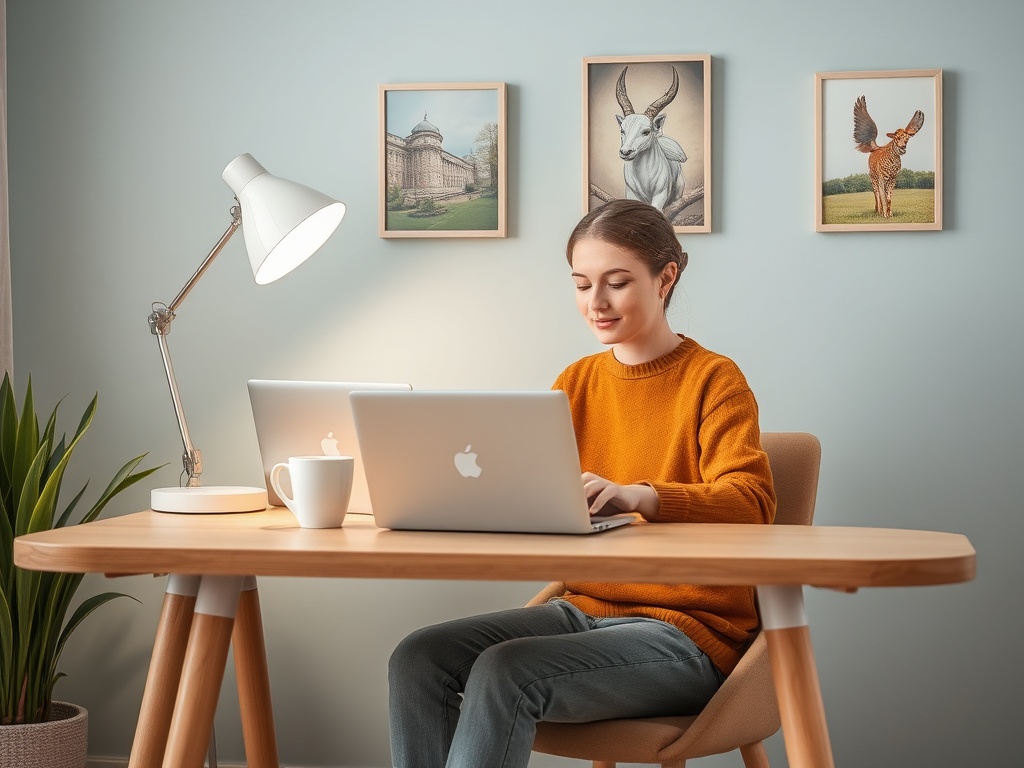 A young woman in a cozy room works at a desk with two laptops, a lamp, and art of animals on the wall.