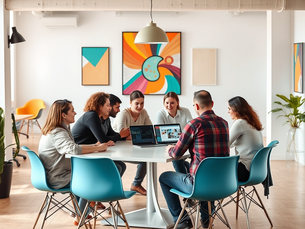 A diverse group of six people gathered around a table, discussing ideas while working on laptops in a bright office.