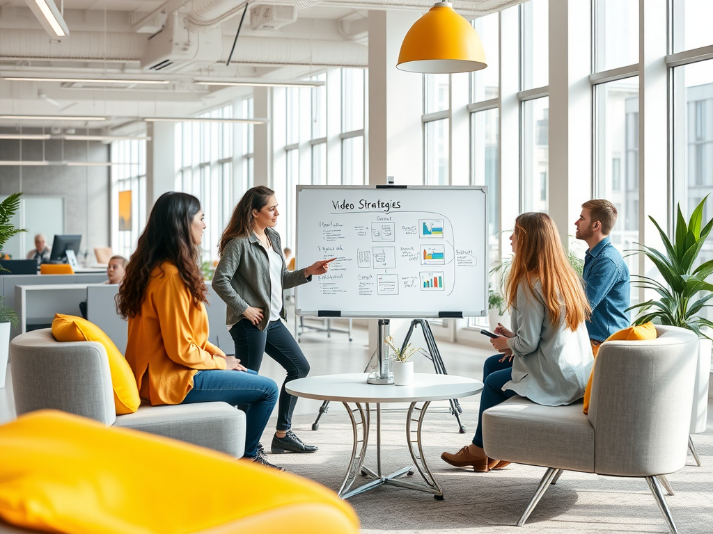 A group of four people discusses video strategies in a bright, modern office setting with a whiteboard.