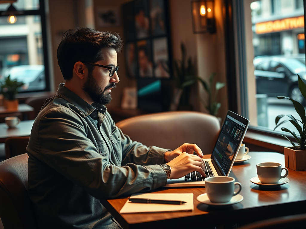 A man with glasses works on a laptop in a cozy café, surrounded by coffee cups and a warm atmosphere.