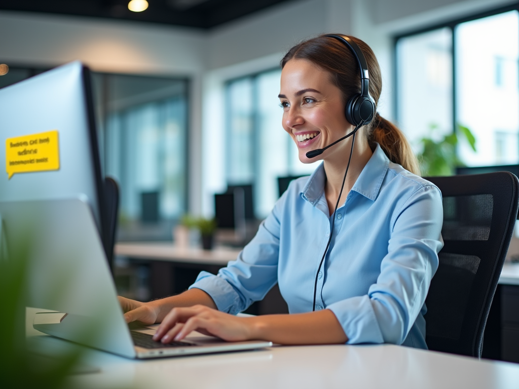 A smiling woman wearing a headset working on a laptop in an office environment.