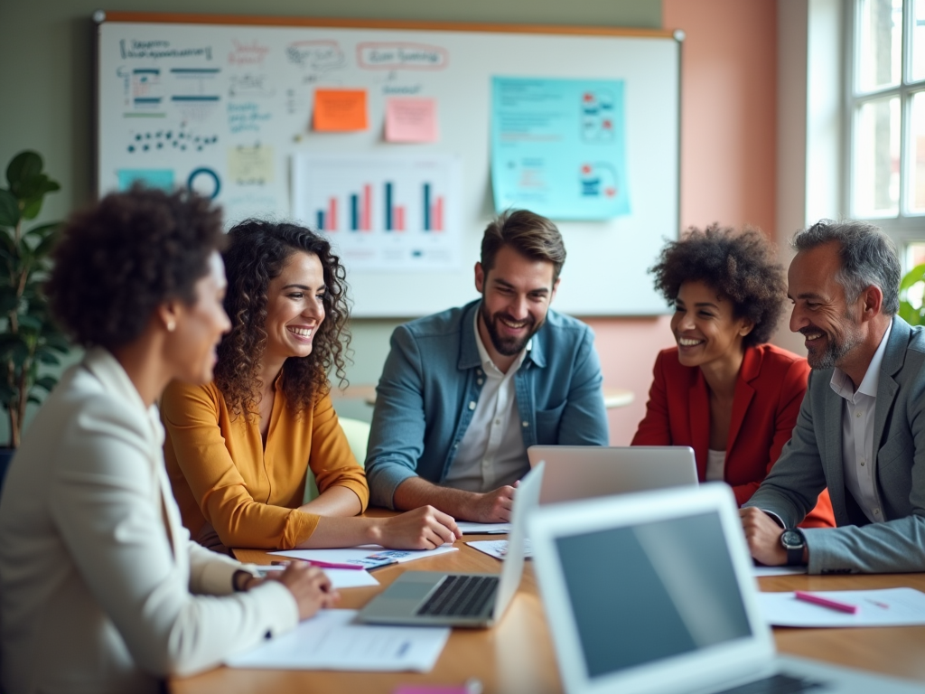 Diverse team smiling during a meeting with charts and laptop in a bright office.