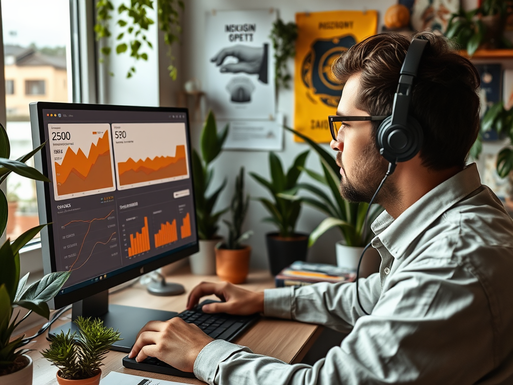 A man with headphones analyzes data on a computer screen surrounded by plants in a cozy workspace.