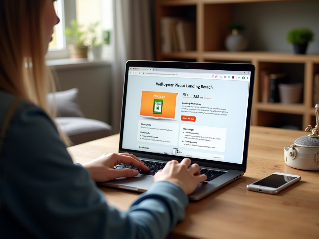 Woman using a laptop displaying a vacation rental website in a home office setup.