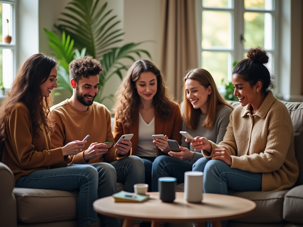 Five friends using smartphones and laughing together on a sofa in a cozy living room.