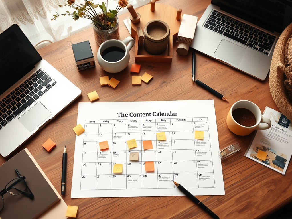 A workspace with a content calendar, laptops, coffee, sticky notes, and office supplies on a wooden table.