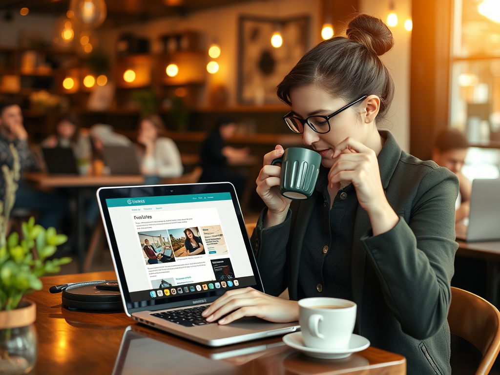 A woman in a cafe sips coffee while using a laptop with a website displayed on the screen.